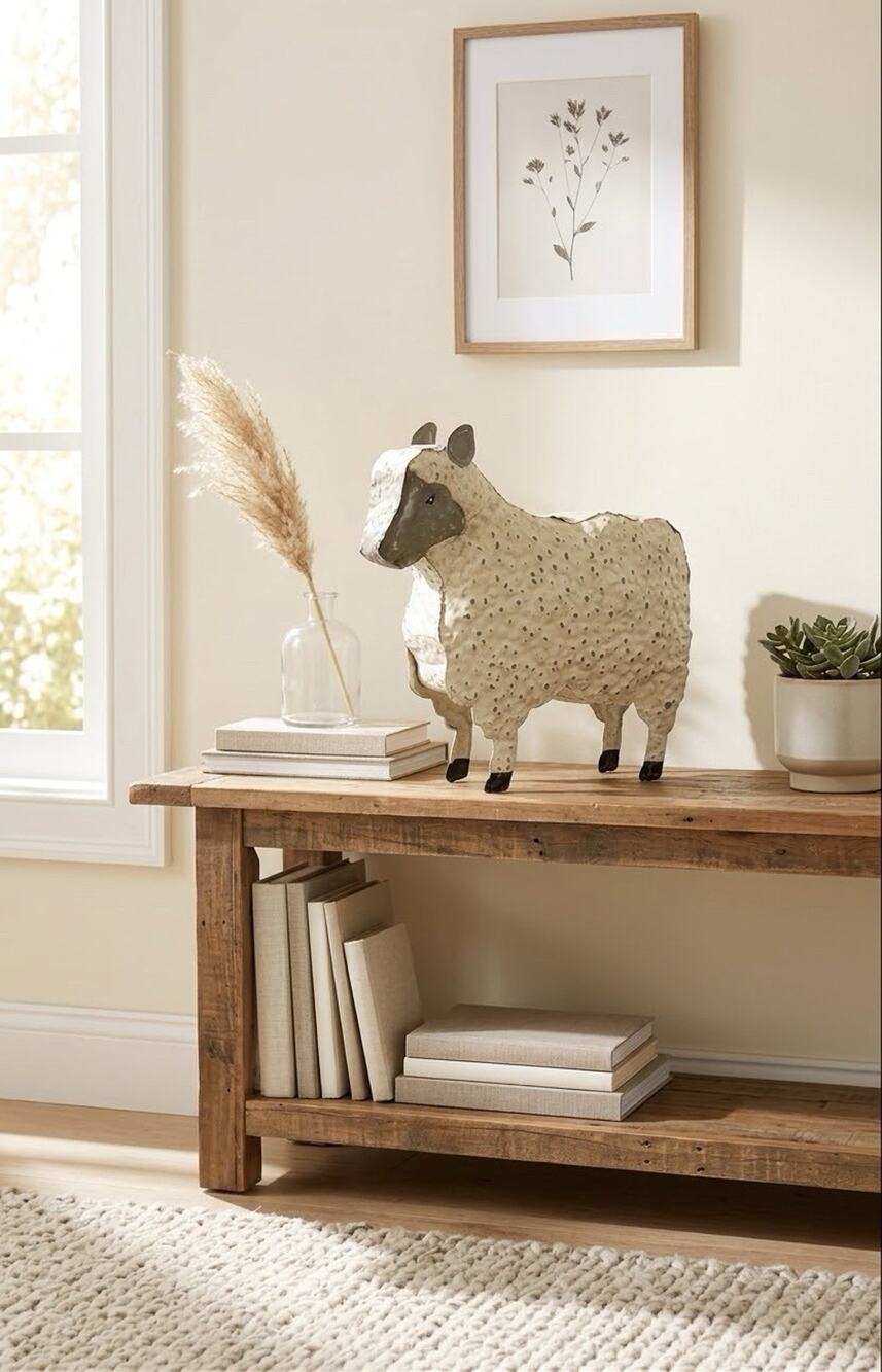Vintage Large Metal Folk Art Sheep Figurine, Sculpture Metal Art Display Piece